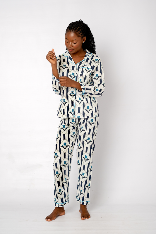 Classic PJ Long Sleeve Top and Long Pant | Navy Floral Stripe | 100% Cotton