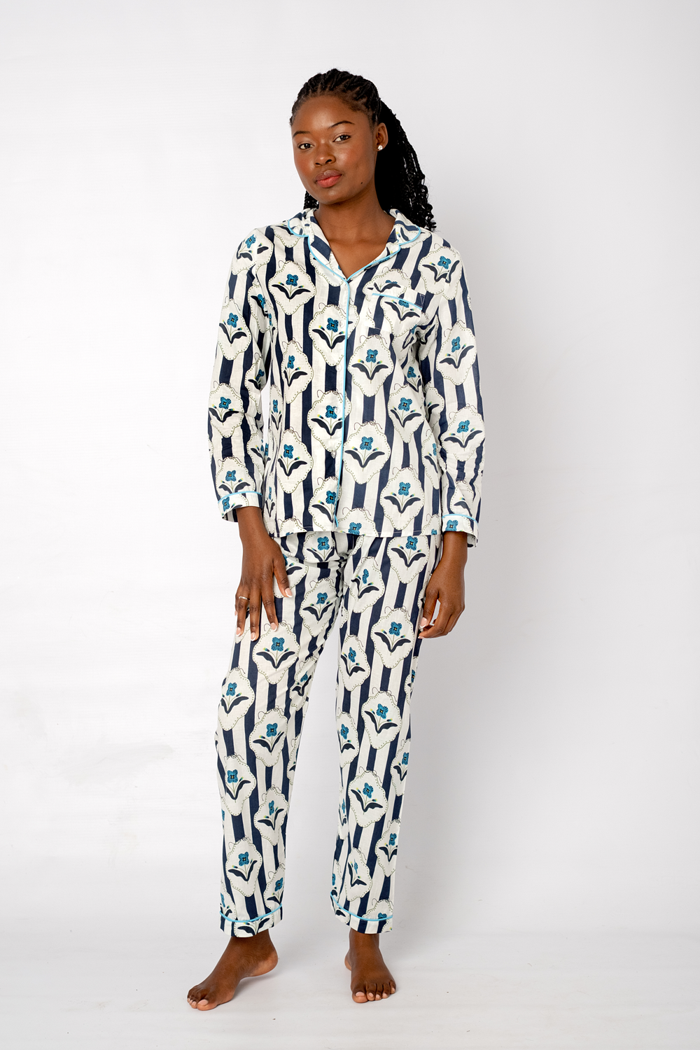 Classic PJ Long Sleeve Top and Long Pant | Navy Floral Stripe | 100% Cotton