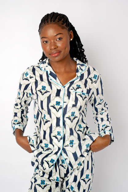 Classic PJ Long Sleeve Top and Long Pant | Navy Floral Stripe | 100% Cotton