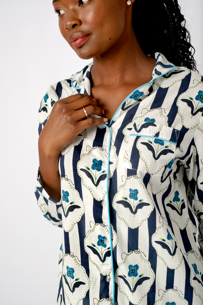 Classic PJ Long Sleeve Top and Long Pant | Navy Floral Stripe | 100% Cotton