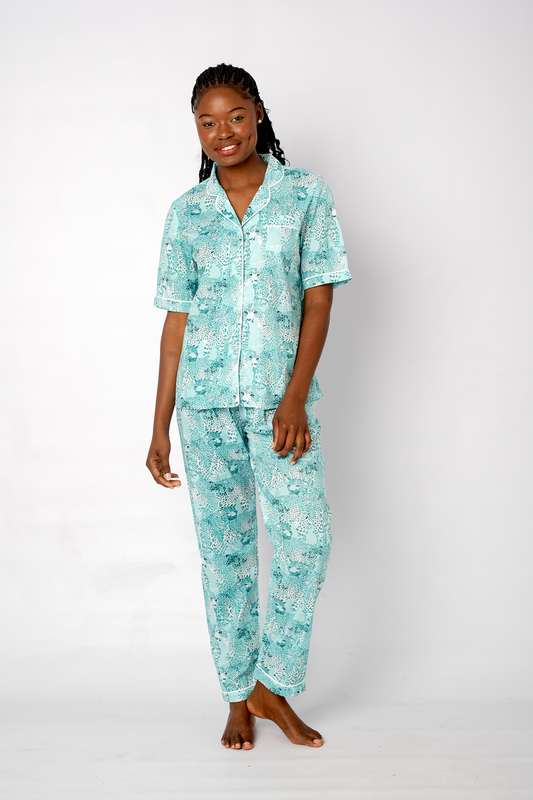 Classic PJ Short Sleeve Top and Long Pant | Teal Tiger | 100% Cotton