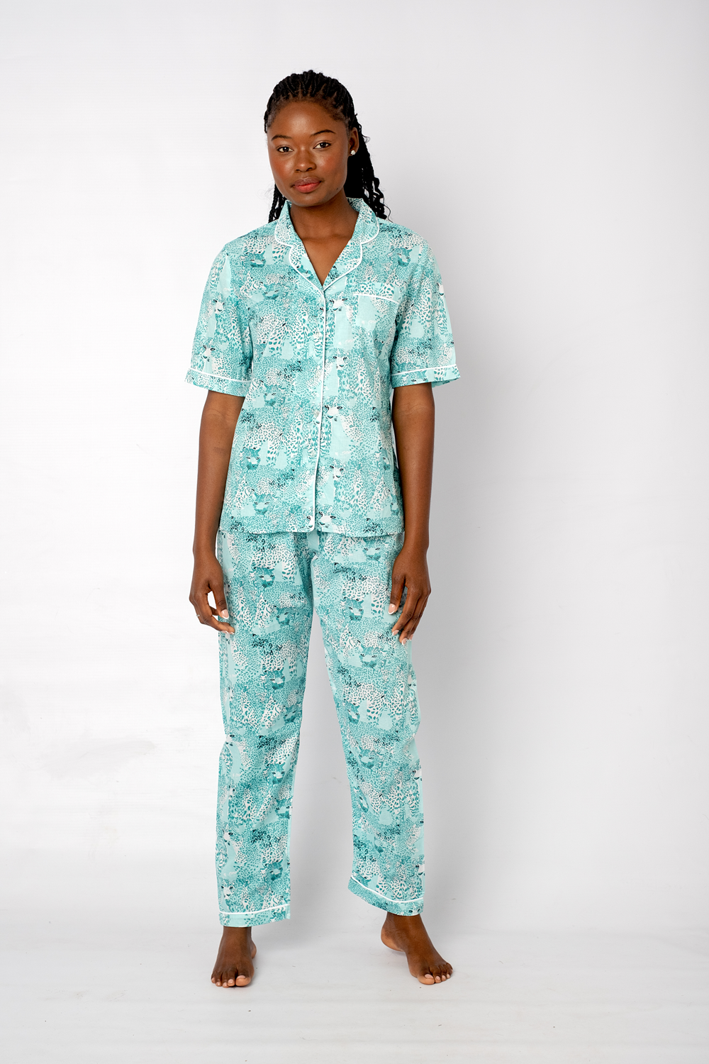 Classic PJ Short Sleeve Top and Long Pant | Teal Tiger | 100% Cotton