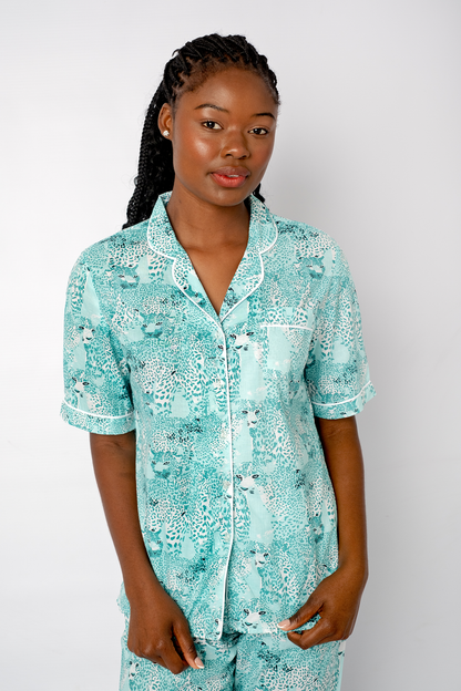 Classic PJ Short Sleeve Top and Long Pant | Teal Tiger | 100% Cotton