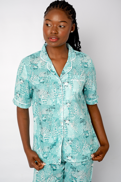 Classic PJ Short Sleeve Top and Long Pant | Teal Tiger | 100% Cotton