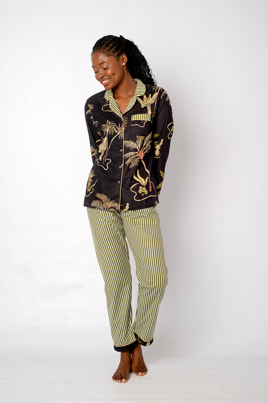 Classic PJ Long Sleeve Top and Long Pant | Black with Green Stripe Contrast | 100% Cotton