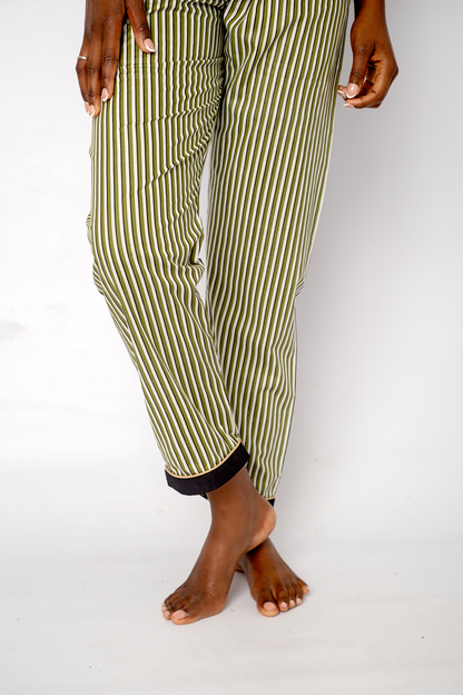 Classic PJ Long Sleeve Top and Long Pant | Black with Green Stripe Contrast | 100% Cotton