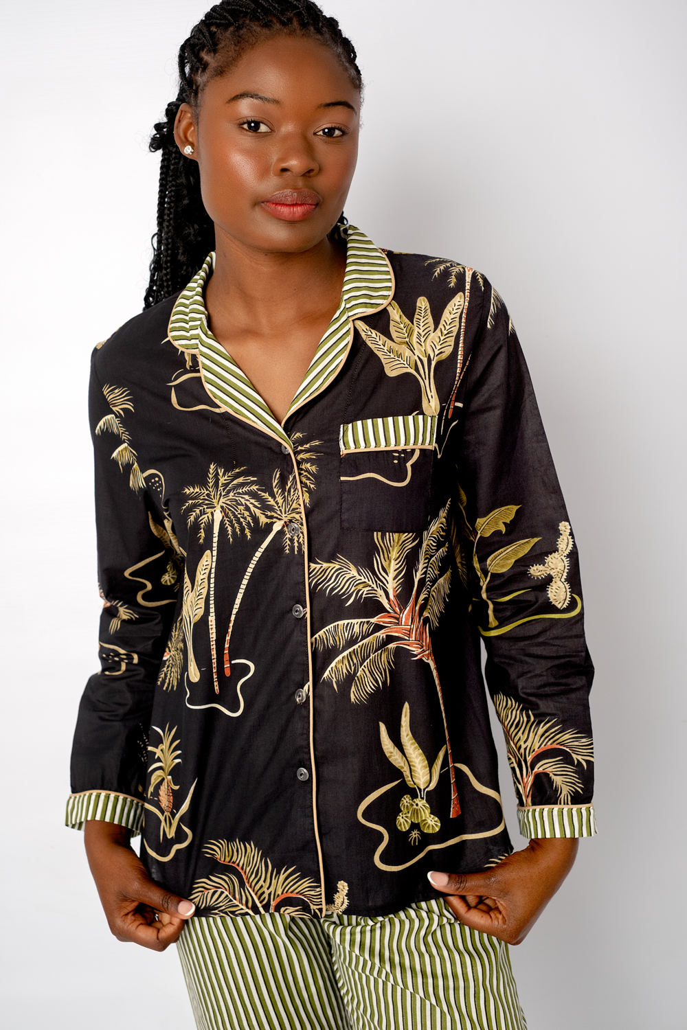 Classic PJ Long Sleeve Top and Long Pant | Black with Green Stripe Contrast | 100% Cotton