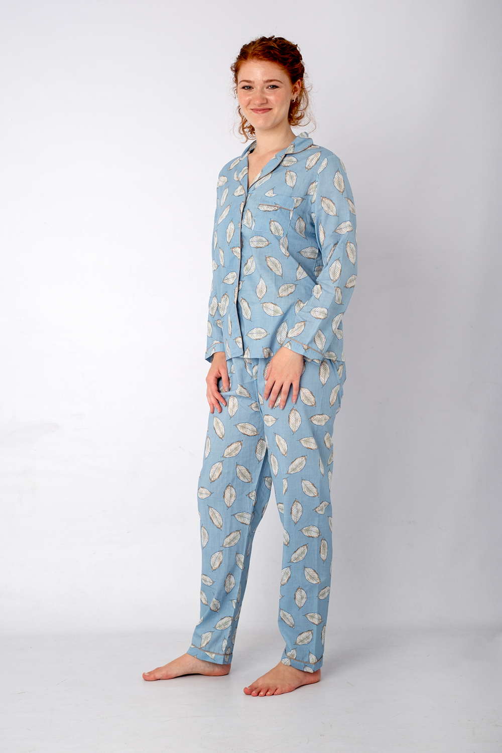 Classic PJ|Long Sleeve Top and Long Pant | Blue Feather | 100% Indian Cotton