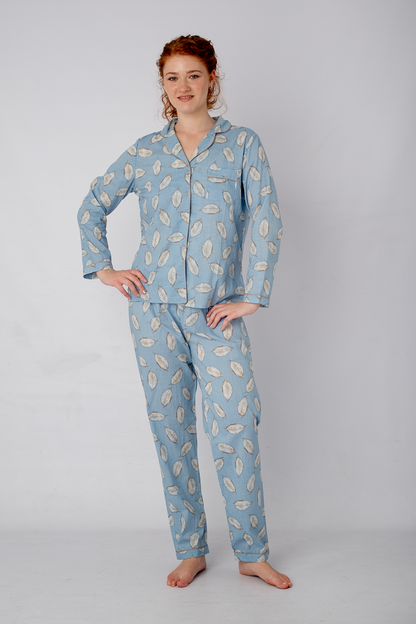 Classic PJ|Long Sleeve Top and Long Pant | Blue Feather | 100% Indian Cotton