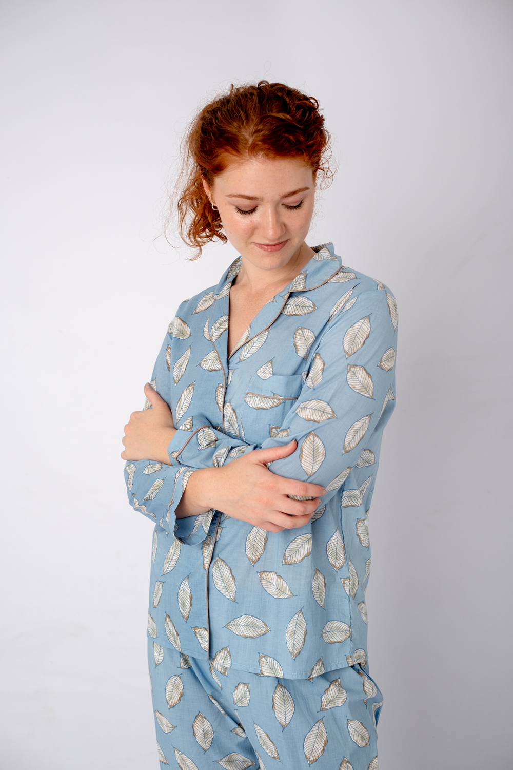 Classic PJ|Long Sleeve Top and Long Pant | Blue Feather | 100% Indian Cotton