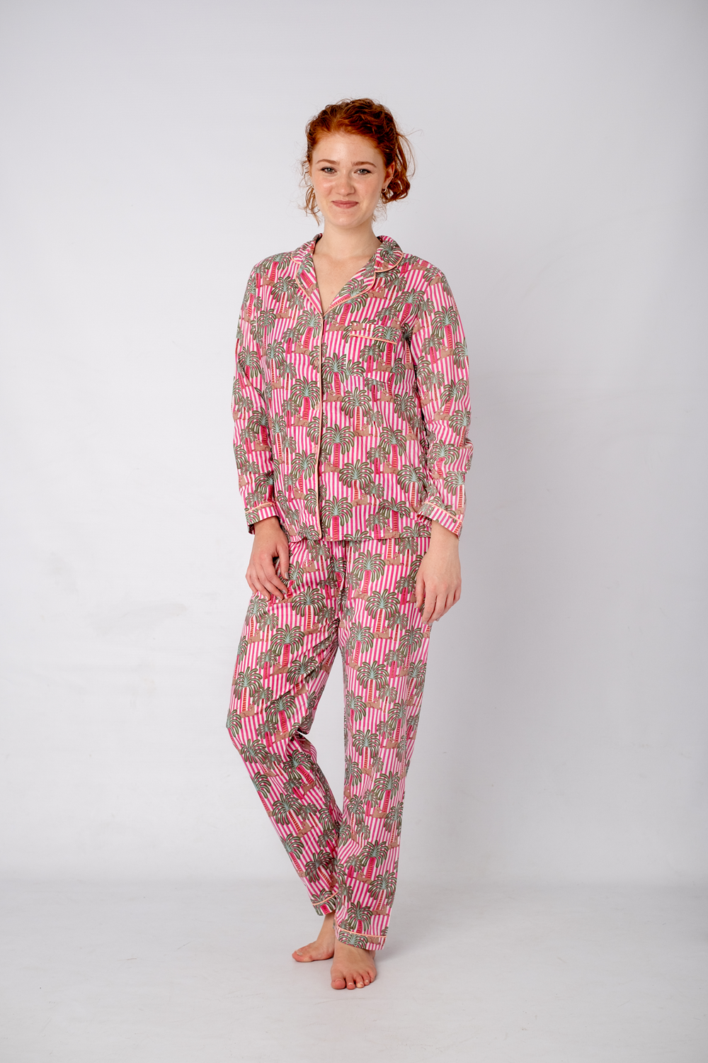 Classic PJ Long Sleeve Top and Long Pant | Pink Stripe Palm | 100% Indian Cotton