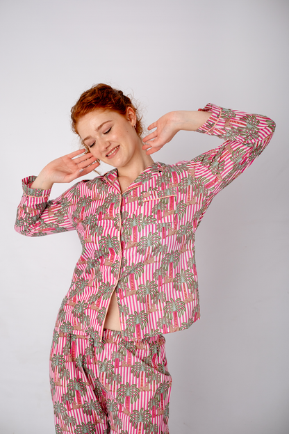 Classic PJ Long Sleeve Top and Long Pant | Pink Stripe Palm | 100% Indian Cotton