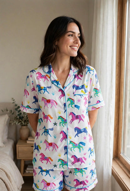 Short Sleeve Top and Short Pant | Galloping Horses | 100% Cotton