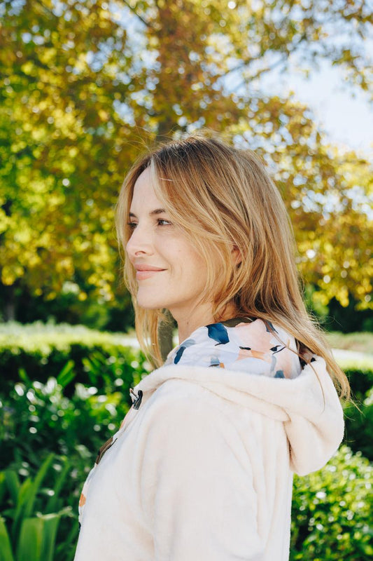 Plush Fleece Slounger | Stone with Navy Peach Floral Trim