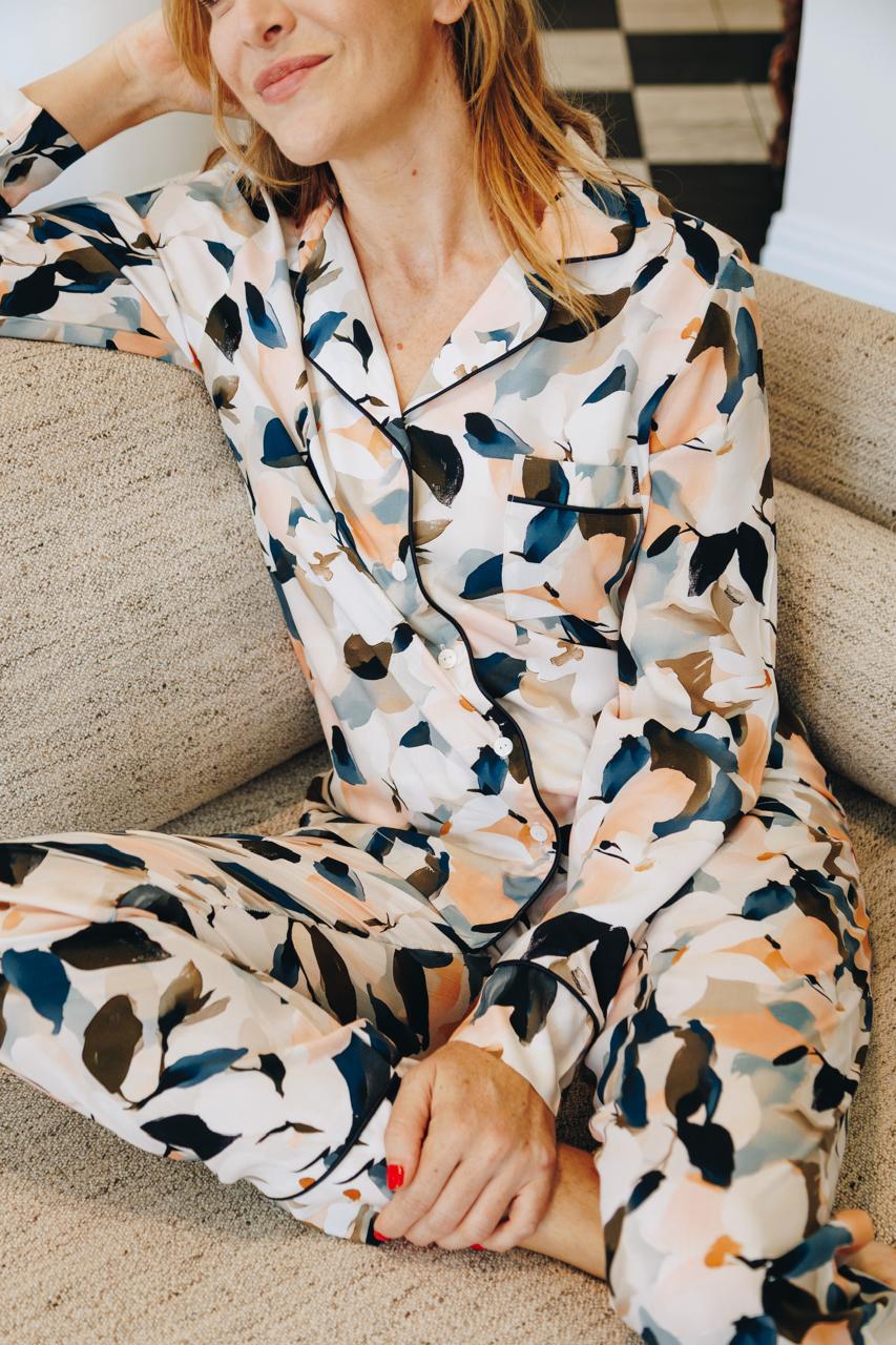Classic Long Sleeve Top and Long Pant | Navy Peach Floral | 100% Rayon