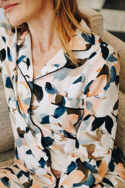 Classic Long Sleeve Top and Long Pant | Navy Peach Floral | 100% Rayon