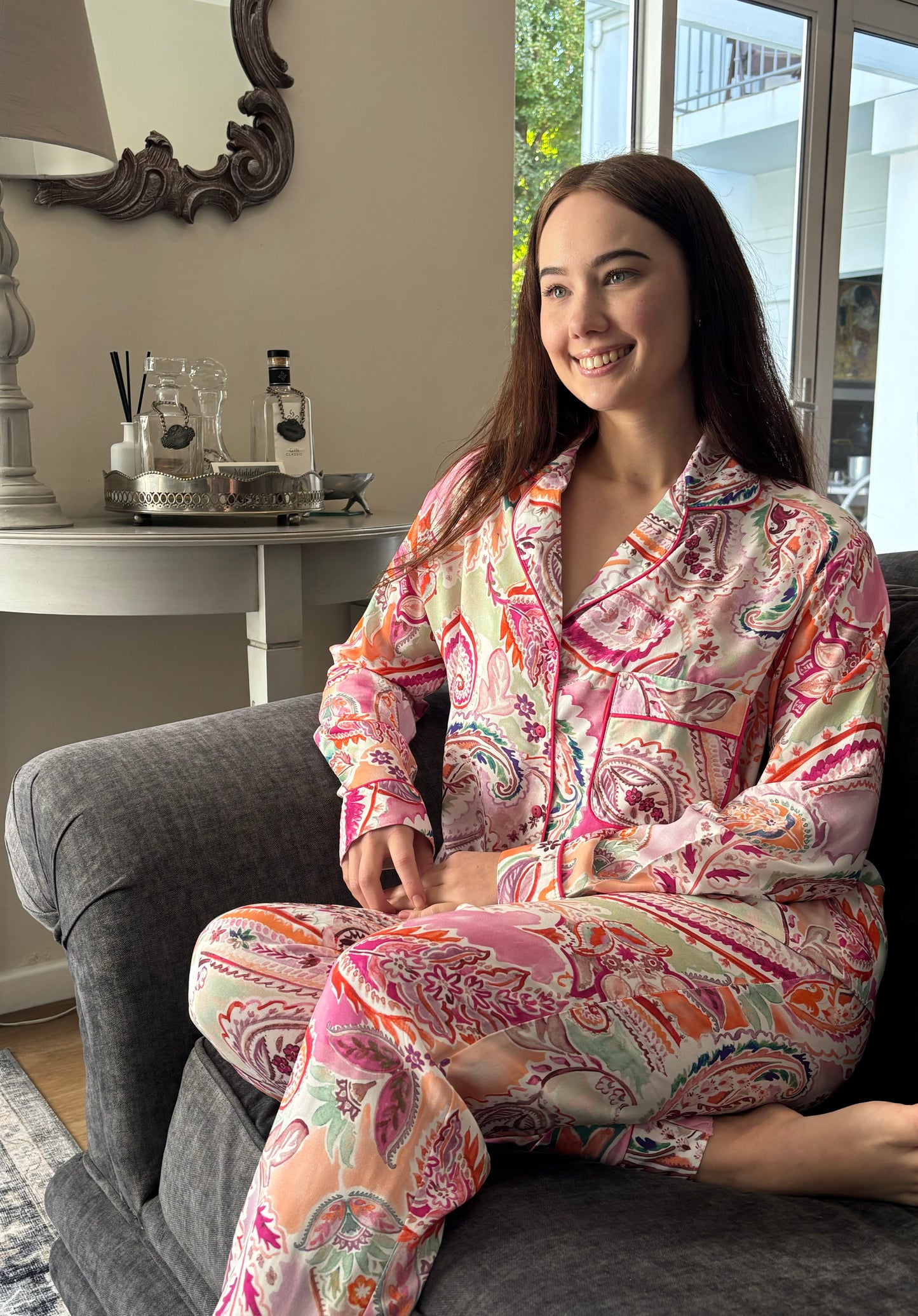 Long Sleeve Top & Pant | Pink Paisley | 100% Rayon