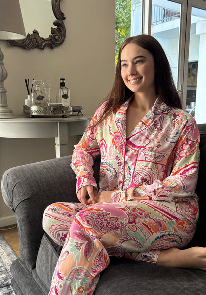 Long Sleeve Top & Pant | Pink Paisley | 100% Rayon