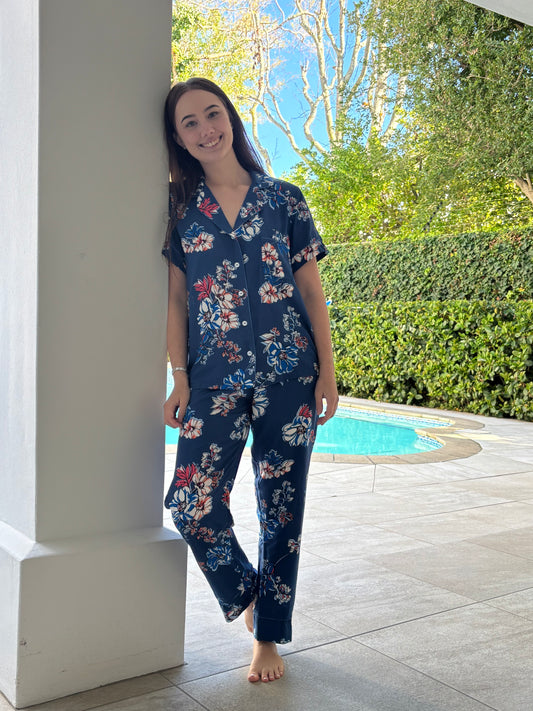 Short Sleeve Top & Ankle Length Pant | True Blue Floral | 100% Rayon