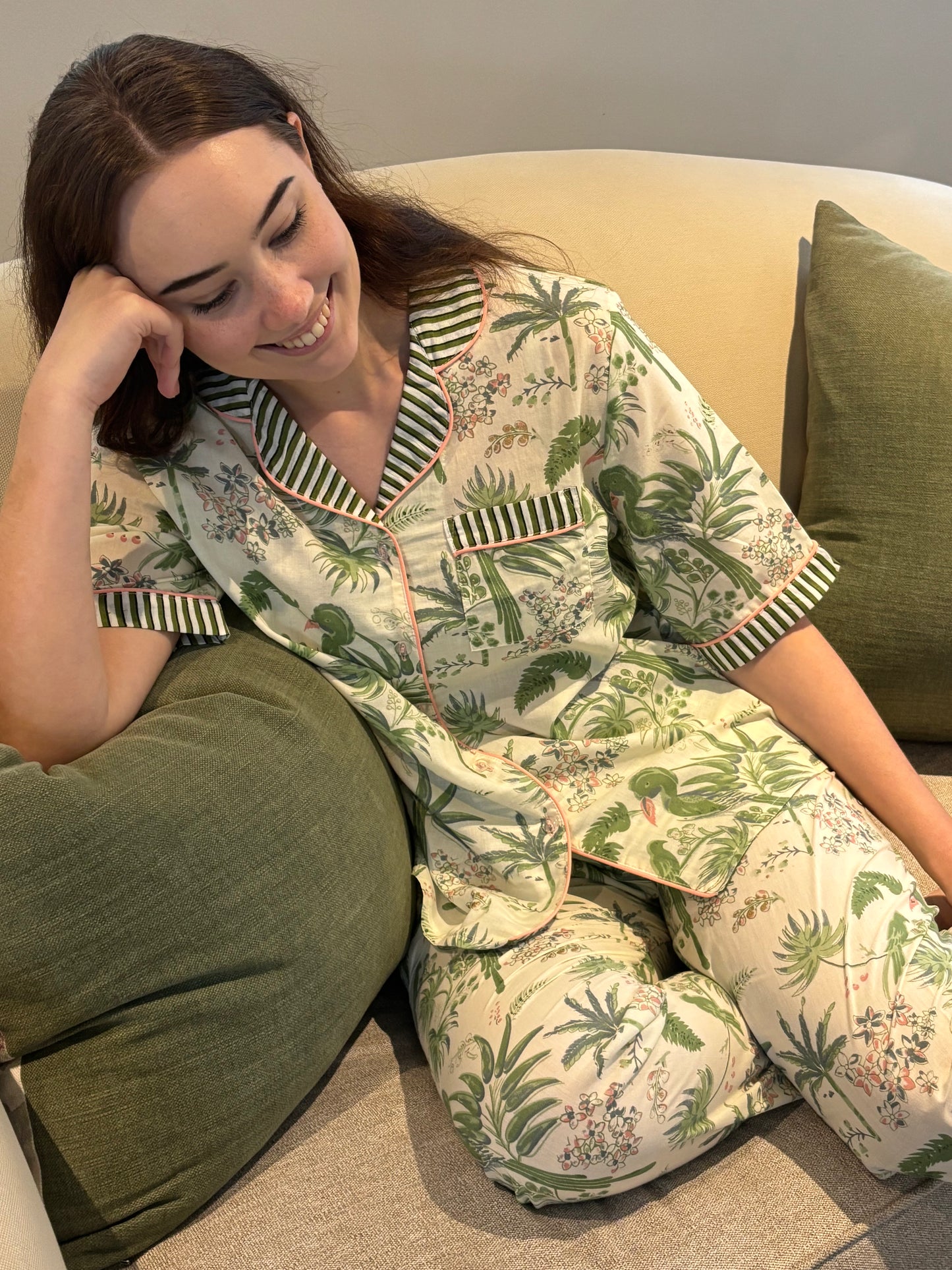 Short Sleeve Top and Long Pant | Green Parrot with Stripe Contrast | 100% Indian Cotton