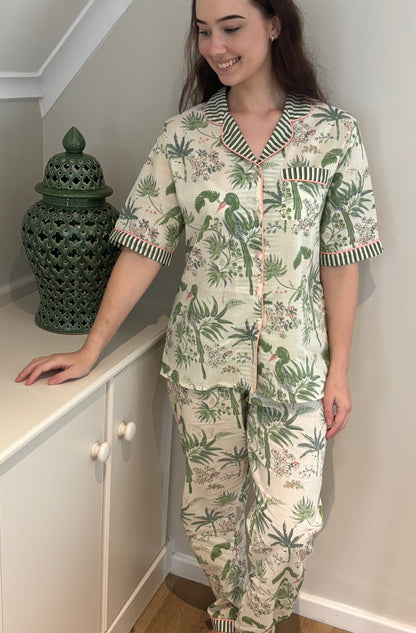 Short Sleeve Top and Long Pant | Green Parrot with Stripe Contrast | 100% Indian Cotton