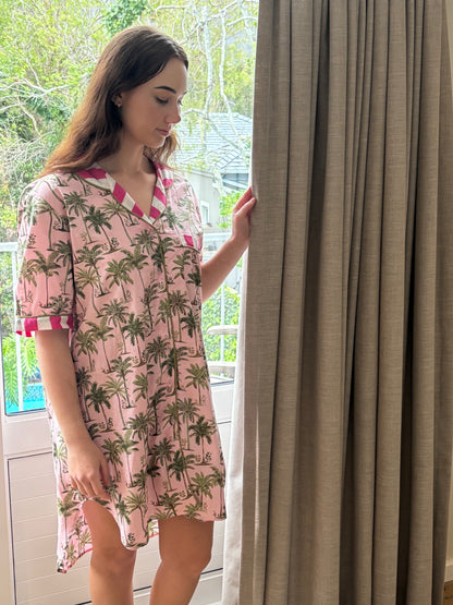 Short Sleeve Sleepshirt | Pink Palms with White and Pink Contrast | 100% Indian Cotton