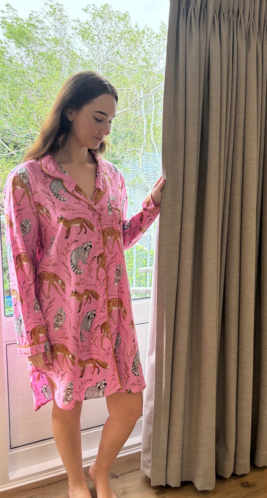 Long Sleeve Sleepshirt | Pink Fox | 100% Indian Cotton