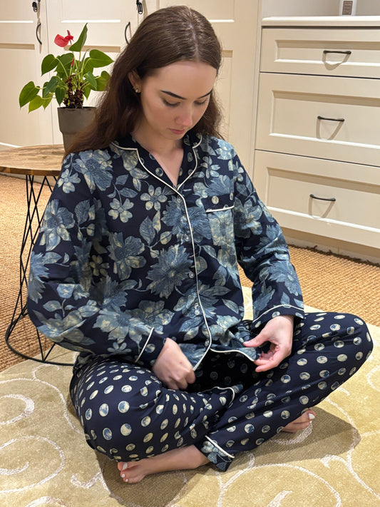 Long Sleeve Top and Long Pant | Navy Floral and Dot Contrast | 100% Indian Cotton