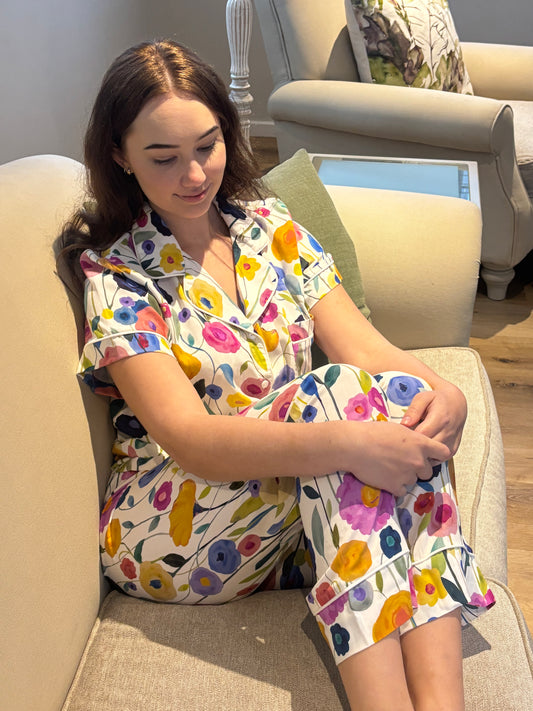 Short Sleeve Top & Ankle Length Pant | Poppy Fields | 100% Rayon