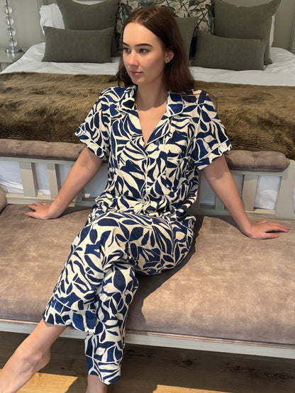 Short Sleeve Top & Ankle Length Pant | Navy Ivory Abstract Floral | 100% Rayon