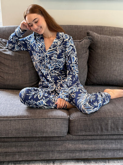 Long Sleeve Top & Long Pant |Blue Floral | 100% Rayon