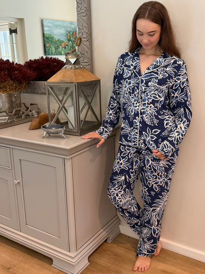 Long Sleeve Top & Long Pant |Blue Floral | 100% Rayon