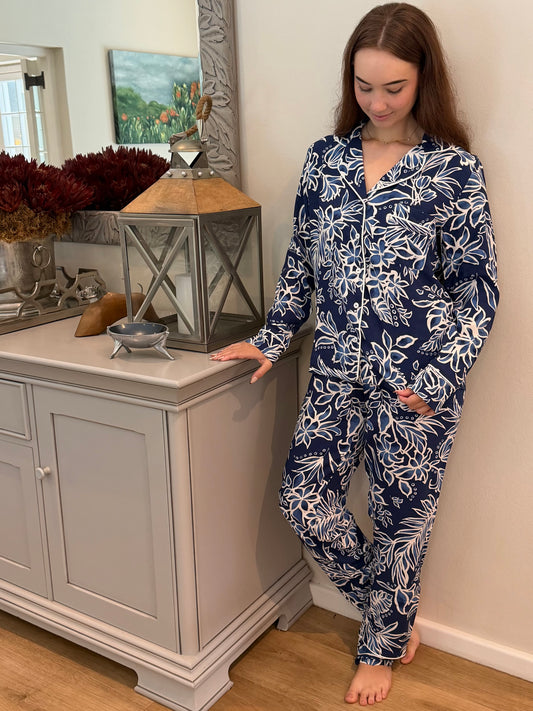 Long Sleeve Top & Long Pant |Blue Floral | 100% Rayon