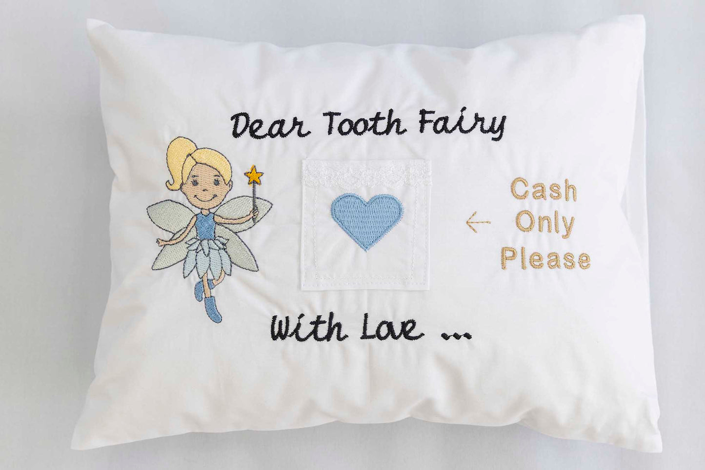 Dear tooth fairy blue fairy with blue heart.
