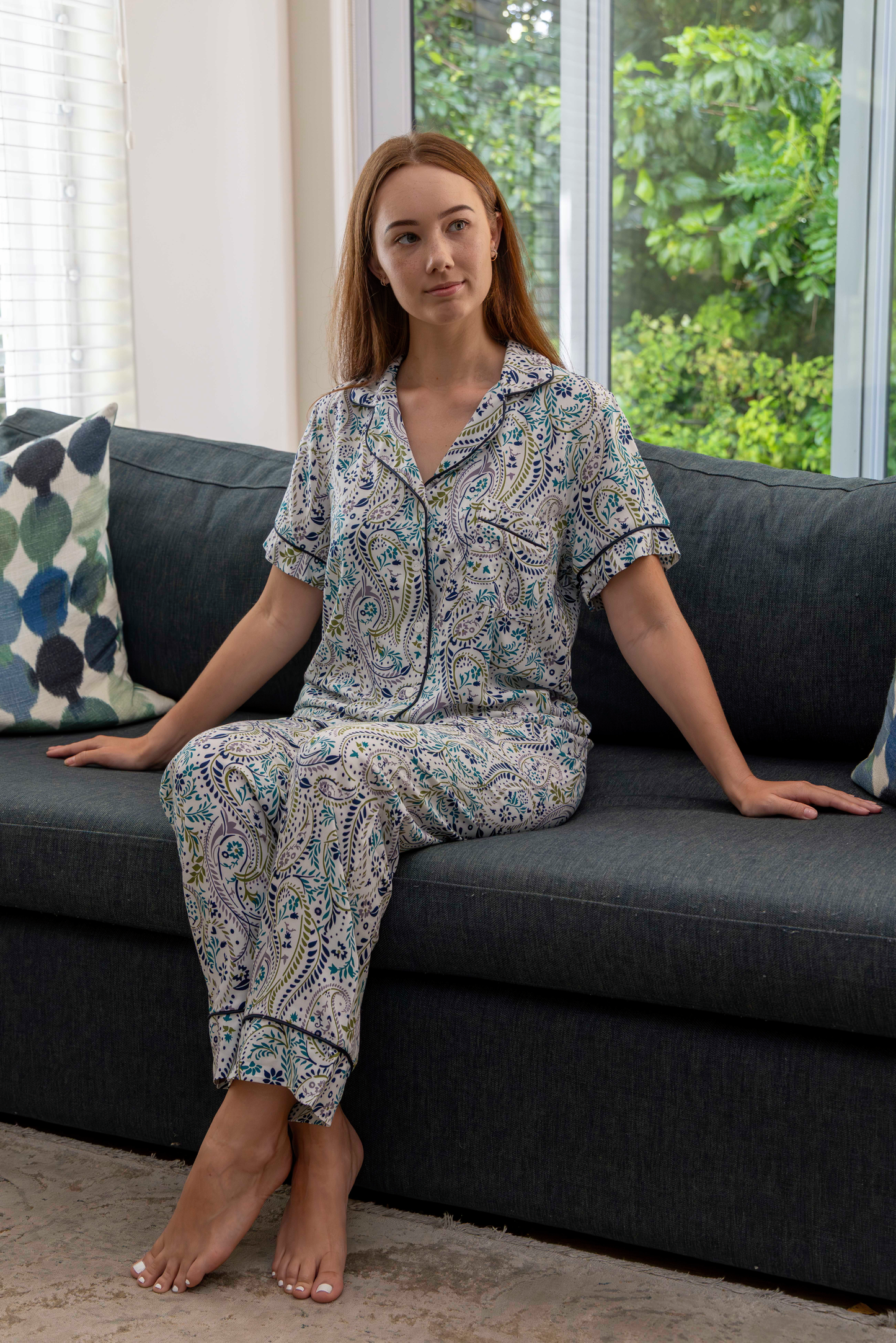 Short Sleeve Top and ankle length pant| Navy Paisley | 100% Rayon