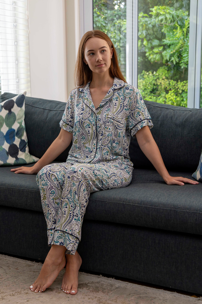 Short Sleeve Top and ankle length pant| Navy Paisley | 100% Rayon
