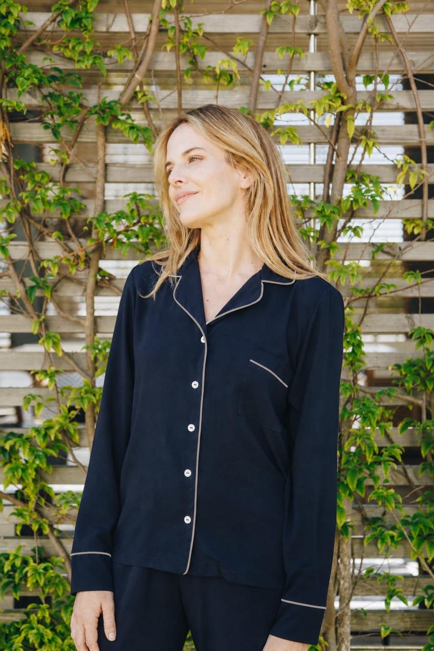 | Navy With Stone Piping |Long Sleeve Top and Long Pant| 100% Rayon