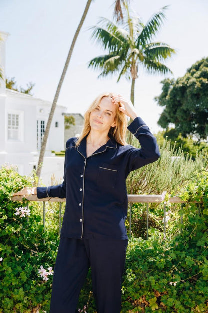 | Navy With Stone Piping |Long Sleeve Top and Long Pant| 100% Rayon