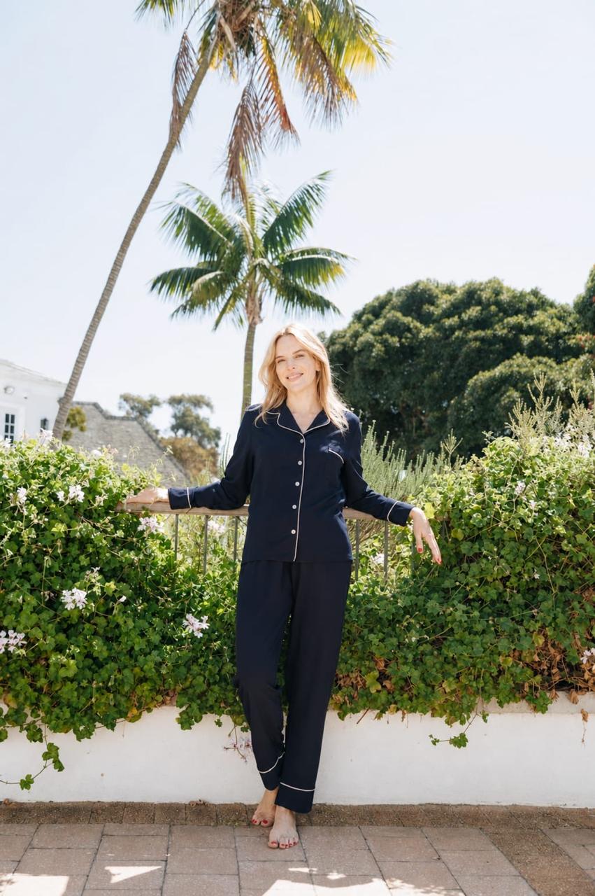 | Navy With Stone Piping |Long Sleeve Top and Long Pant| 100% Rayon