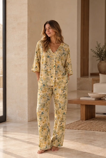 Short Sleeve Top with Mandarin Collar and Ankle Length Pant with Pleat Detail | Golden Yellow Floral | 100% Rayon