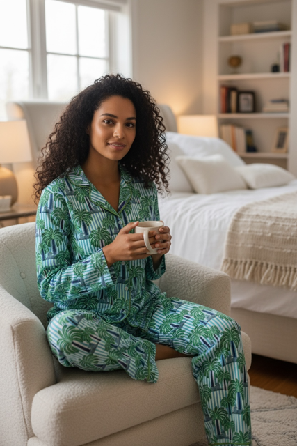 Long Sleeve Top and Pants | Blue/Green Stripe Palm