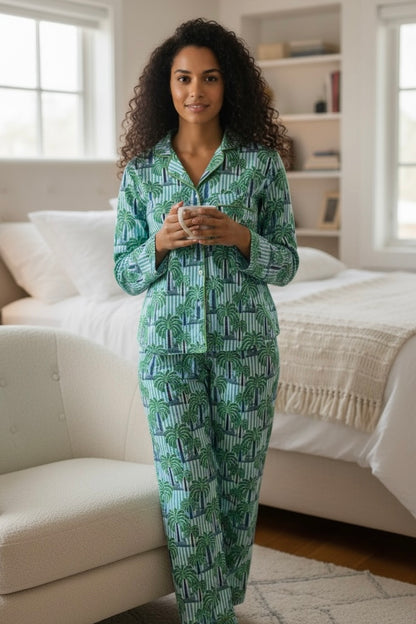 Long Sleeve Top and Pants | Blue/Green Stripe Palm