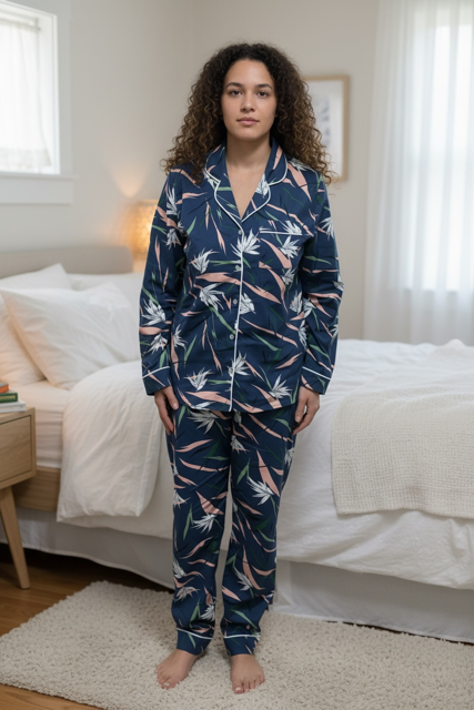 Classic PJs | Long Sleeve Long Pants | Pink  White Feather Leaf