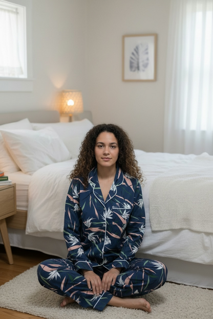 Classic PJs | Long Sleeve Long Pants | Pink  White Feather Leaf