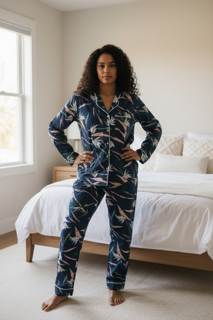Classic PJs | Long Sleeve Long Pants | Pink  White Feather Leaf