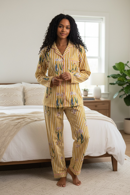 Classic PJ Long Sleeve Top and Pants | Yellow Floral with Stripe Contrast