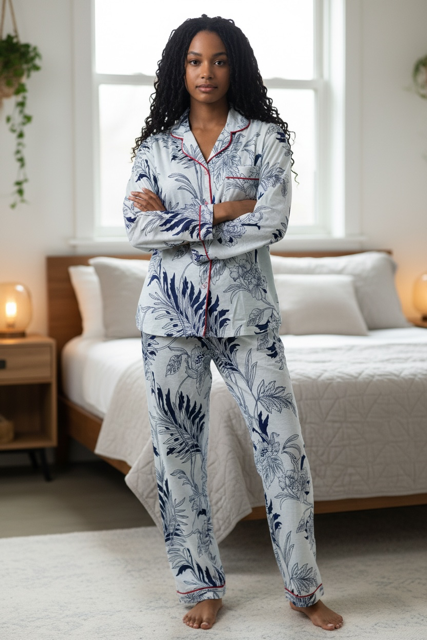 Classic PJ Long Sleeve Top and Long Pants | Blue and White Floral | 100% Indian Cotton