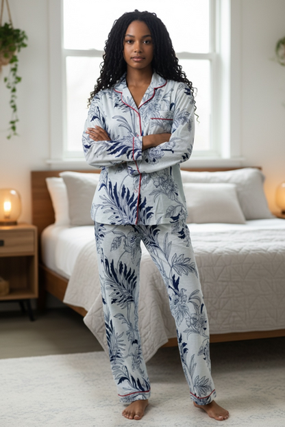 Classic PJ Long Sleeve Top and Long Pants | Blue and White Floral | 100% Indian Cotton