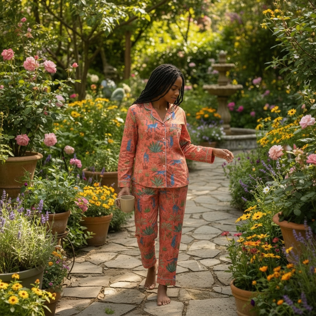 Classic PJ Long Sleeve  Top and Long Pants | Coral Jungle |100% Indian Cotton