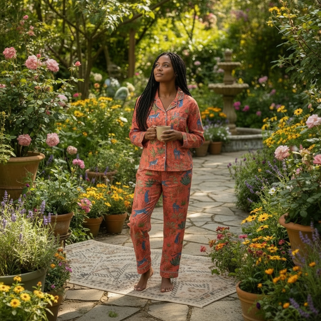 Classic PJ Long Sleeve  Top and Long Pants | Coral Jungle |100% Indian Cotton